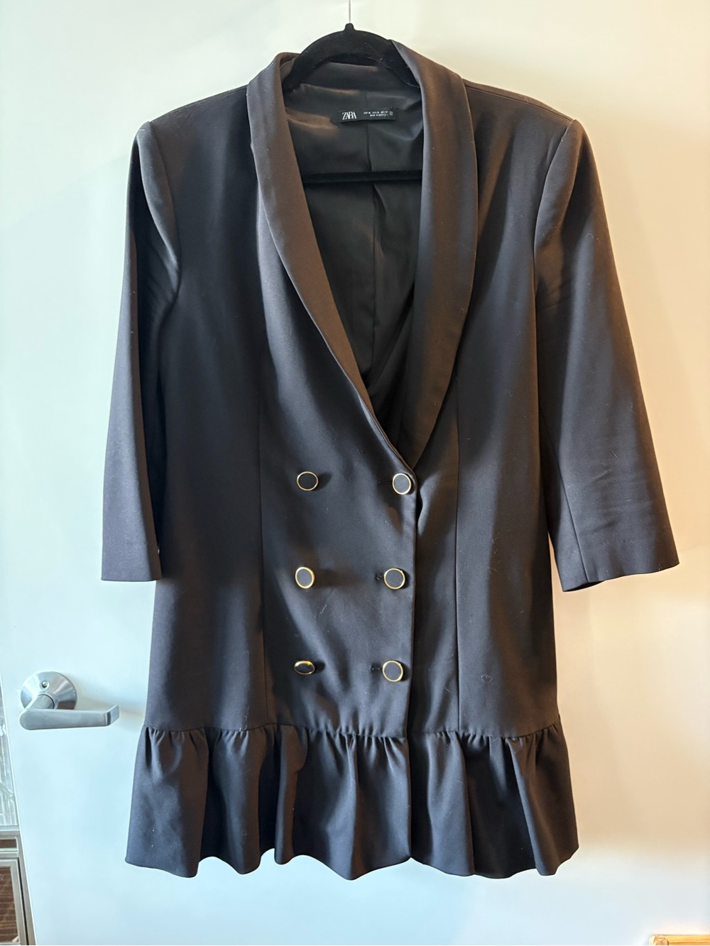 Zara Black Double-Breasted Ruffle-Hem Blazer Dress